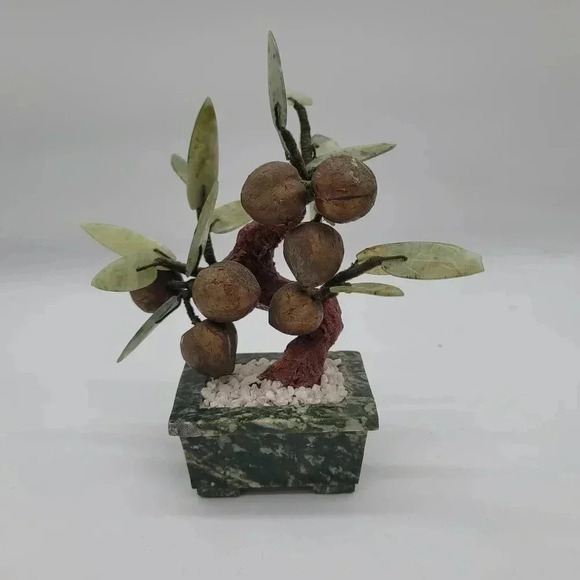 Vintage Chinese Carved Gemstone Fruit Tree Quartz Jade Leaves Bonsai Lucky 7" - Picture 1 of 14